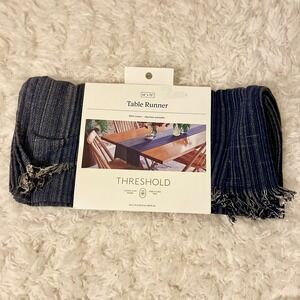 Threshold Table Runner Navy Blue Stripe Fringed Cotton 14x72 Dining Table Decor